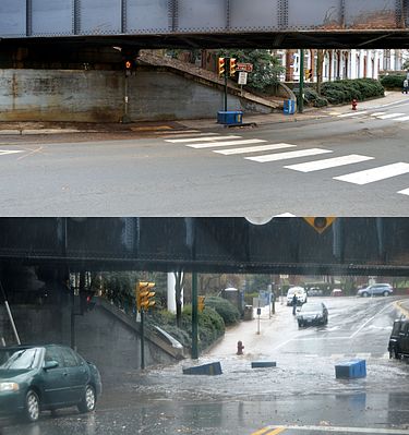 Urban underpass 15 min before/after a flash flood